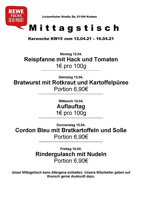 REWE Fuchs - Karben - Unser Mittagstisch für KW 15 | 12. bis 16. April 2021